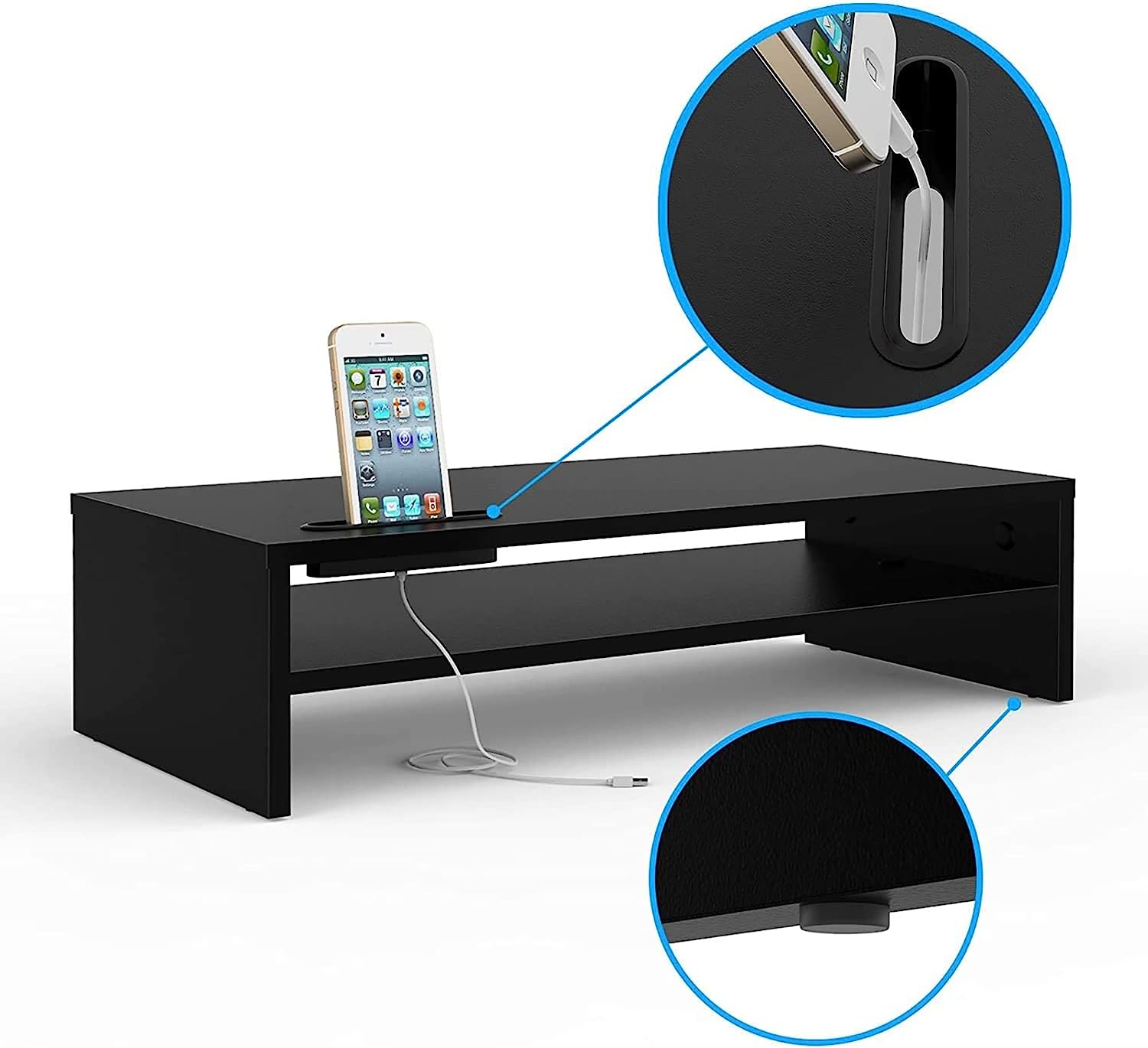 Monitor Stand Riser, 2 Tiers Wood Monitor Riser Stand with Storage Organizer, Desktop Ergonomic Monitor Stand Riser with Cellphone Holder and Cable Management, 16.5 Inch Shelf Black - Image 4